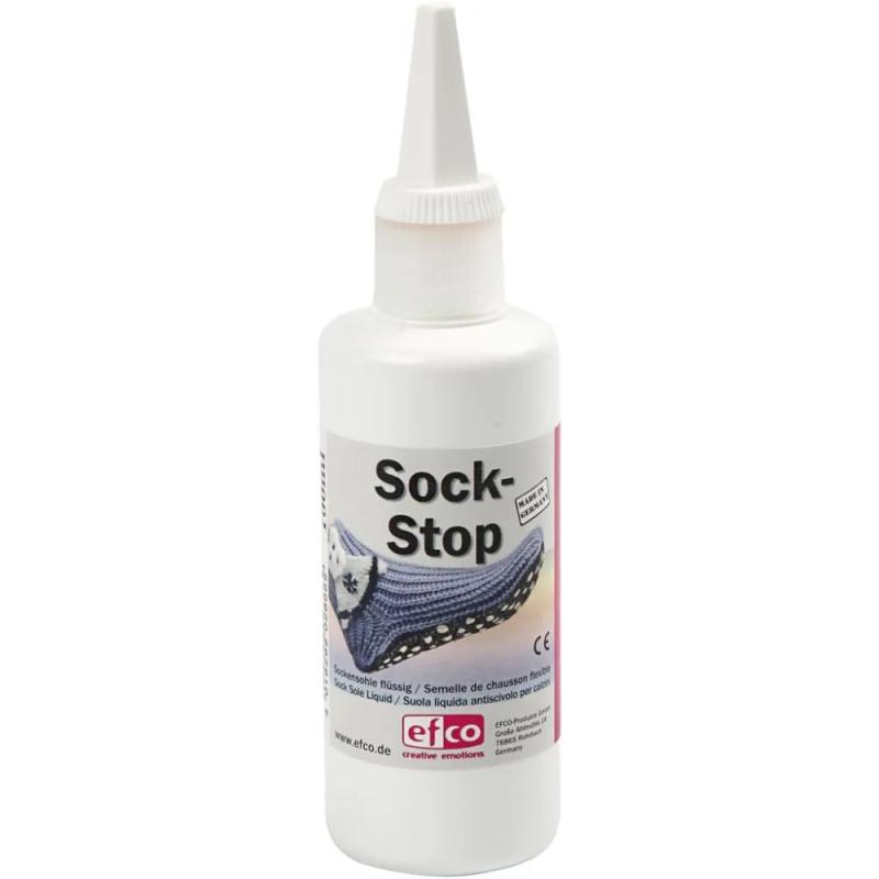 Hvid Sock-stop produkt. En hvid flaske med 100 ml. Sock stop