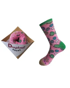 Donut sokker i lyserød med donut på, samt æske.